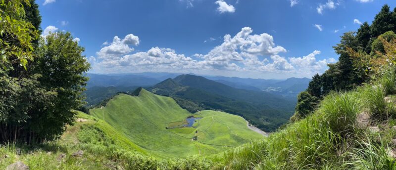 奈良県にある曽爾高原〜倶留尊山に登ったときの展望写真。天気は快晴で青空に綿雲が連なっている。眼下は一面緑色のすすきの高原が広がっている。高原の奥には奈良県の山々が見える。